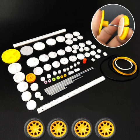 DIY Friendly Rectangular Mini Electric Motor Kit with gears, shafts, and wheels for 1.5 to 3V projects, showcasing components.