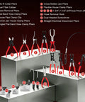 Front view of 16-piece hose clamp pliers tool kit with red-handled automotive pliers arranged on metal blocks