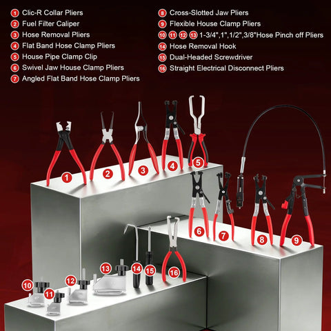 Front view of 16-piece hose clamp pliers tool kit with red-handled automotive pliers arranged on metal blocks