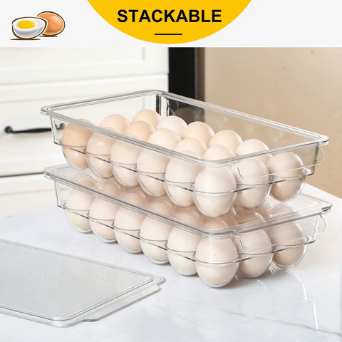 2 Pack Stackable 18 Egg Holder For Refrigerator With Lids, clear plastic bins stacked with eggs in kitchen