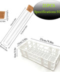 All In One 21 Piece Plastic Test Tubes Kit With Corks And Stand 10Ml Tubes dimensions and rack dimensions shown