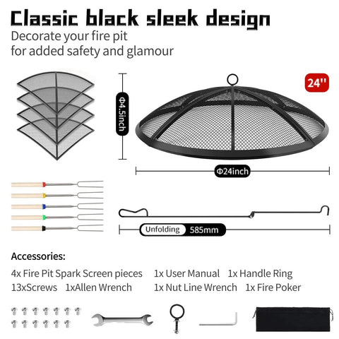 24 Inch Fire Pit Spark Screen with foldable hook and marshmallow sticks, showing dimensions and accessories for fireplaces.