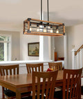 Dining room with Linear Kitchen Chandelier Five Light Dope Farmhouse Pendant Lighting For Dining Room With Wood And Metal Frame.