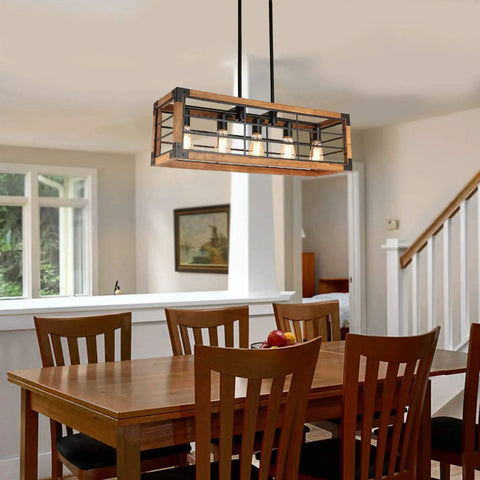 Dining room with Linear Kitchen Chandelier Five Light Dope Farmhouse Pendant Lighting For Dining Room With Wood And Metal Frame.