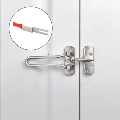 Built Tough Stainless Steel Emergency Access Tool Featuring Universal Door Unlock Design and Non Slip Rubber Grip Sleeve close-up with door latch