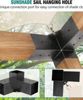 Four Pack 3-Way Right Angle Pergola Brackets With Post Base for 4x4 Beams connecting wood beams at right angles outdoors.