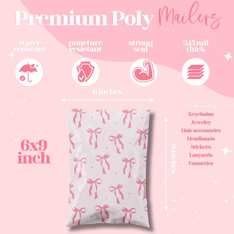 Designer Poly Mailers 6x9 Inch 100 Pack Heavy Duty Waterproof Self Seal Shipping Bags For Small Businesses Large Mailing Envelopes Tear Resistant Bulk With Six Chic Designs Pink Coquette Style with bow pattern