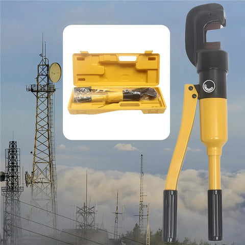 Heavy Duty Hydraulic Rebar Cutter And Crimping Tool With Portable Steel Case, shown with case, ideal for 4 to 16 mm bars for construction.