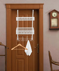 Super Heavy Duty Over The Door Storage Rack With Two Roomy Mesh Baskets And Eight Sturdy Metal Hooks Slick Double Tier Organizer hanging on a brown door.