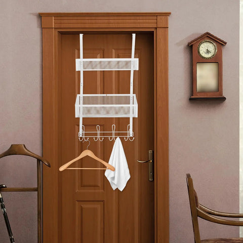 Super Heavy Duty Over The Door Storage Rack With Two Roomy Mesh Baskets And Eight Sturdy Metal Hooks Slick Double Tier Organizer hanging on a brown door.