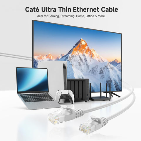 Snagless Short Cat6 Ethernet Cable Set In White 5 Pack 3 Ft Slim Profile 10Gbps Network Patch Cables for PCs with devices