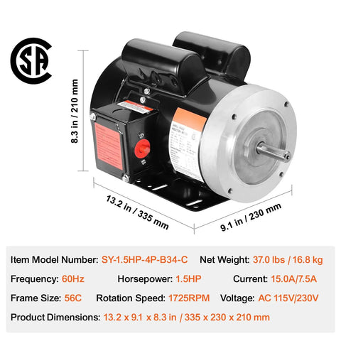 Industrial Grade 1.5HP Electric Motor 1725 RPM Dual Voltage 115V 230V 56C Frame Air Compressor Motor Single Phase