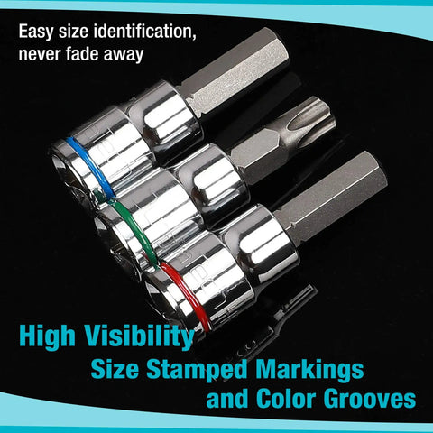 Allen Bit Socket Set For Three Eighths Inch Drive Torx Twenty One Piece Premium CRV Sockets And S2 Bits with color grooves