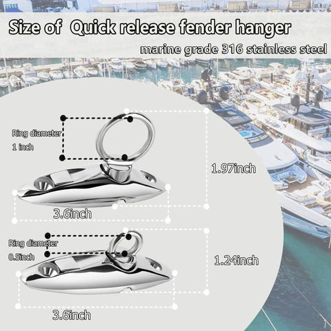 316 Marine Grade Stainless Steel Quick Release Fender Hangers For Pontoon Boats dimensions showing ring and hanger sizes.