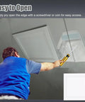 Slick Self Adhesive Access Panel For Hiding Drywall Gaps Concealed Ceiling Door Dead Simple Install Peel Back Wall Patch No Tool Required Snap Fit Inspection Cover White Rectangular 3X3 Inch being opened with a screwdriver.