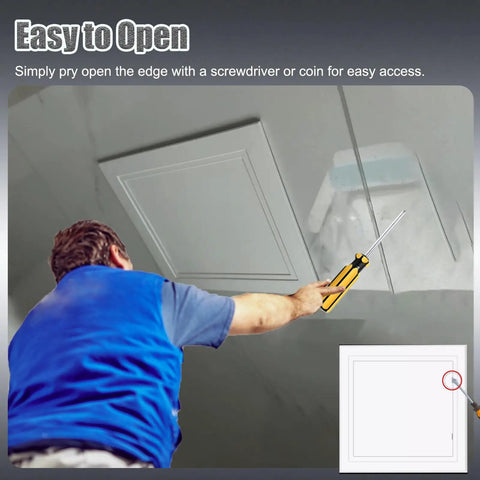 Slick Self Adhesive Access Panel For Hiding Drywall Gaps Concealed Ceiling Door Dead Simple Install Peel Back Wall Patch No Tool Required Snap Fit Inspection Cover White Rectangular 3X3 Inch being opened with a screwdriver.