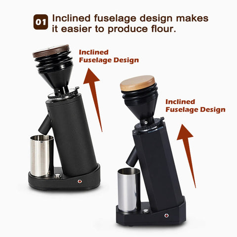 No Fuss Electric Coffee Grinder Featuring A 40mm Hardened Stainless Steel Conical Burr And 19 Exact Gear Positions For Killer Espresso And Hand Drip Brewing In Sleek White Design, showing inclined fuselage design.
