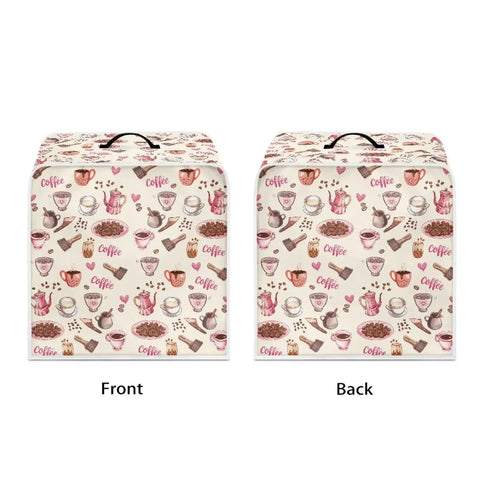 Front and back view of stain and dust resistant coffee maker cover for home, office, or coffee shop, polyester fabric, slick fit.