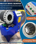 Heavy Duty Electric Hydraulic Hose Crimping Machine Workhorse With Ten Interchangeable Dies For One Quarter To Two Inch Steel And Oil Pipes control panel and crimping device detail