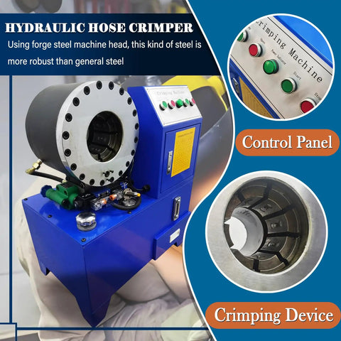 Heavy Duty Electric Hydraulic Hose Crimping Machine Workhorse With Ten Interchangeable Dies For One Quarter To Two Inch Steel And Oil Pipes control panel and crimping device detail
