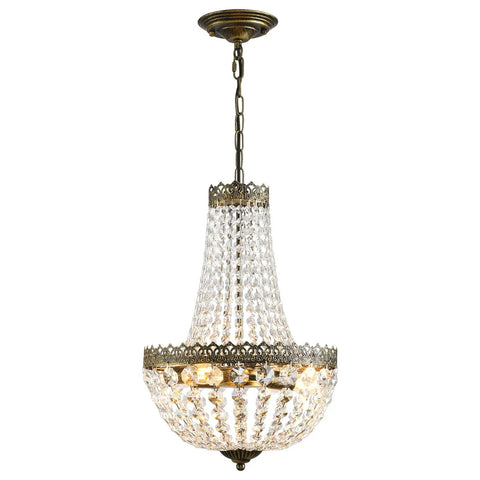 4 Light French Empire Mini Crystal Chandelier With Antique Brass Finish, Glam Crystal Cascade Farmhouse Pendant Lighting
