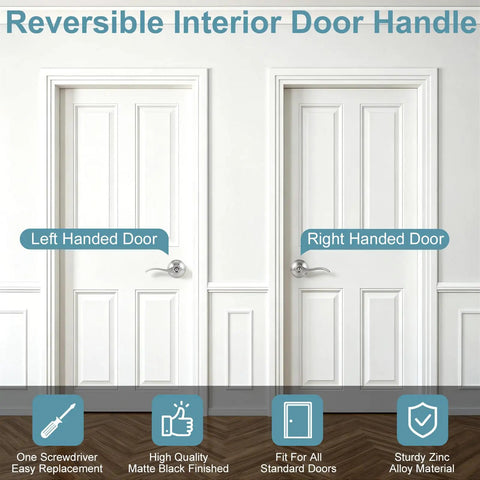 Reversible interior door handle on left and right handed white doors, showing the Eight Pack Wave Style Privacy Door Handles And Knobs.
