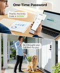 Man checking one-time password on smartphone near smart deadbolt lock for secure home access, featuring a friendly dog.