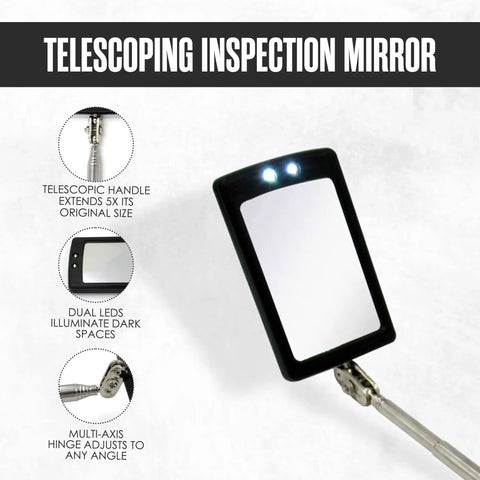 Telescoping Inspection Mirror With Light For Auto Repair Gearheads, 360 Degree Rotating Mechanic Mirror On A Stick