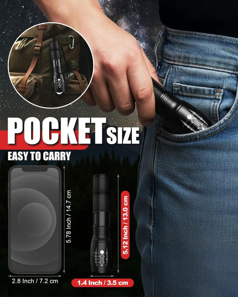 Person placing a Two Pack LED Flashlight Set With Zoomable Beam Five Modes Waterproof Tactical Torch into a jean pocket. 