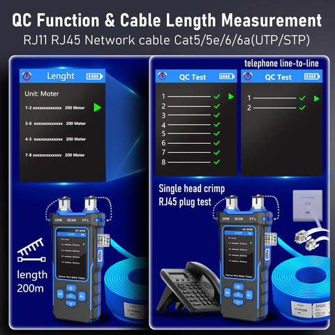 All In One Network Cable Tester With Optical Power Meter And VFL, PoE Test, Cable Length Measurement, RJ11 RJ45 Tester shown with cables and phone.
