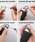 Process of attaching Titanium D Ring with Screw Shackle to key fob, showing steps for leather craft and key chains.
