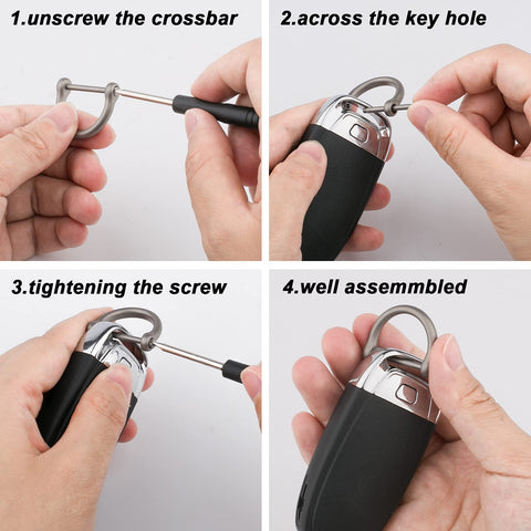 Process of attaching Titanium D Ring with Screw Shackle to key fob, showing steps for leather craft and key chains.
