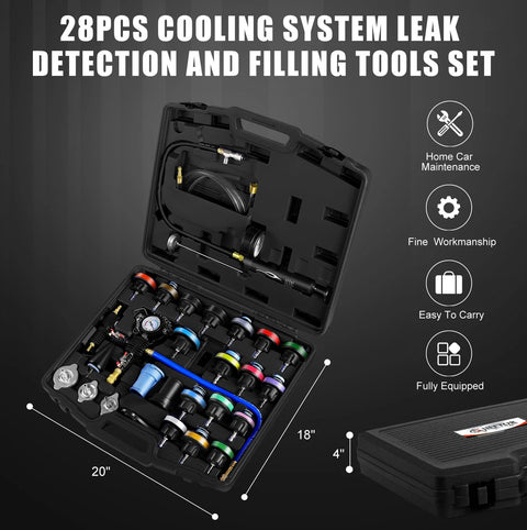 Front view of JIFETOR 28-piece radiator coolant tester kit in a black case with color-coded adapters
