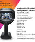 Si1-LD No WiFi Industrial Acoustic Imaging Camera For Detecting Compressed Air Leaks With Real Time Leak Size And Cost Analysis Lightweight One Handed Use For Quick On The Job Inspections displaying screen and specifications