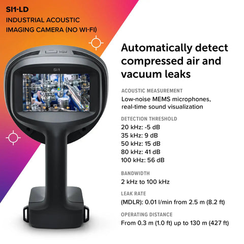 Si1-LD No WiFi Industrial Acoustic Imaging Camera For Detecting Compressed Air Leaks With Real Time Leak Size And Cost Analysis Lightweight One Handed Use For Quick On The Job Inspections displaying screen and specifications