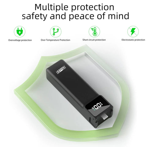 Power Grip Battery Pack For Osmo Pocket 4 And 3 With 5000mAh Battery showing digital power display and multiple safety protections.