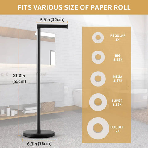 Free Standing Toilet Paper Holder With Storage In Matte Black showing dimensions and roll size compatibility, 21.6 inch height