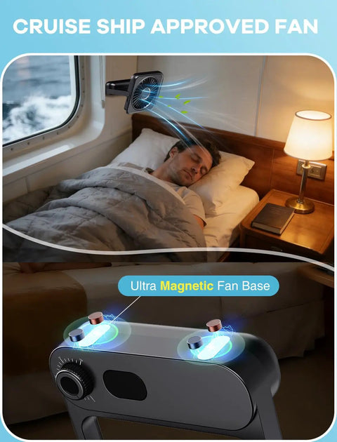 Cruise Ship Approved Magnetic Fan With 100 Speed Levels, wall-mounted over bed, showing magnetic base attachment in cabin.