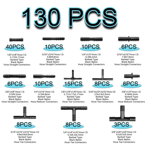 Assorted connectors for High Temp Silicone Vacuum Hose Kit For Your Car And Engine, shown in multiple sizes and types, 130 pieces total.