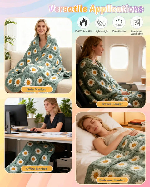 Versatile uses of the granny square blanket made with Beginner Crochet Kit With Easy Yarn Pack For A Cozy Granny Square Blanket Step By Step Video Guides Simple Crochet Starter Set For Grab And Go Fun At Home Craft Projects shown as sofa, travel, office, and bedroom blankets.