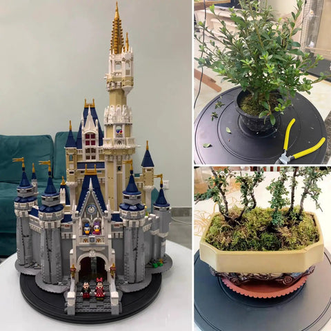 Heavy Duty 12 Inch Lazy Susan Rotating Turntable With Non Slip Pads used for displaying a model castle and potted plants.