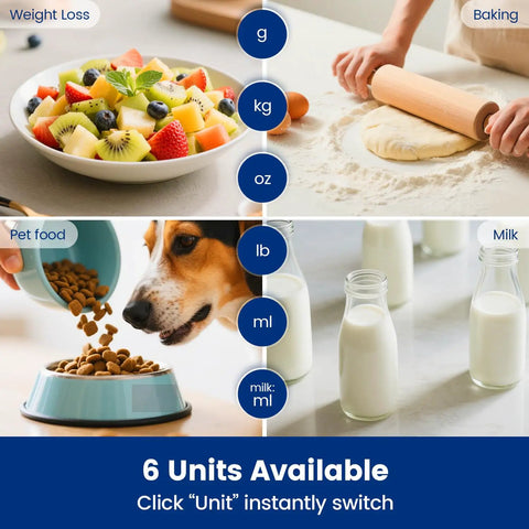 Home Chef Friendly Digital Kitchen Scale With 33 Lb Capacity usage examples: fruit bowl, baking dough, pet food, milk bottles