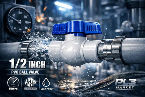 Heavy Duty 1/2 Inch PVC Ball Valve Sch40 Socket To Socket Shut Off Valve For Plumbing Irrigation Pool Spa With Blue Handle And Built Tough Zero Drip Seal Pack Of 5 in use with water flow.
