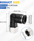 Two Pack Push To Connect Pneumatic Fittings 1/4 Inch NPT Female Elbow Adapter, 90 Degree Nickel Plated Brass, Black, Fits 0.39 Inch OD Tube