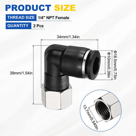 Two Pack Push To Connect Pneumatic Fittings 1/4 Inch NPT Female Elbow Adapter, 90 Degree Nickel Plated Brass, Black, Fits 0.39 Inch OD Tube