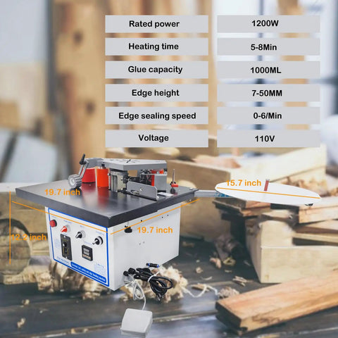 Heavy Duty Portable Edge Banding Machine Delivers Tight Seams With Double Side Glue And Adjustable Speed, showing dimensions and features.