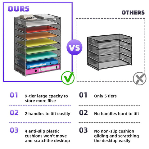 Comparison of 9 Tier Mesh Paper Organizer With Portable Handle and a 5-tier unit, highlighting capacity and portability
