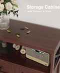 Close-up of Sturdy Dark Brown Standing Go To Storage Cabinet With Drawers And Shelves For Kitchen, top view with decor.