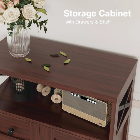 Close-up of Sturdy Dark Brown Standing Go To Storage Cabinet With Drawers And Shelves For Kitchen, top view with decor.