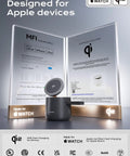Qi2 Magnetic Wireless Charging Hub showing MFi certification and Apple Watch compatibility for iPhone 17 through 12 series.